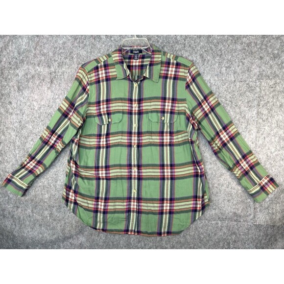 Chaps Button Up Flannel Shirt Women's 2XL Green Plaid Long Sleeve Soft Cabincore - Picture 1 of 10
